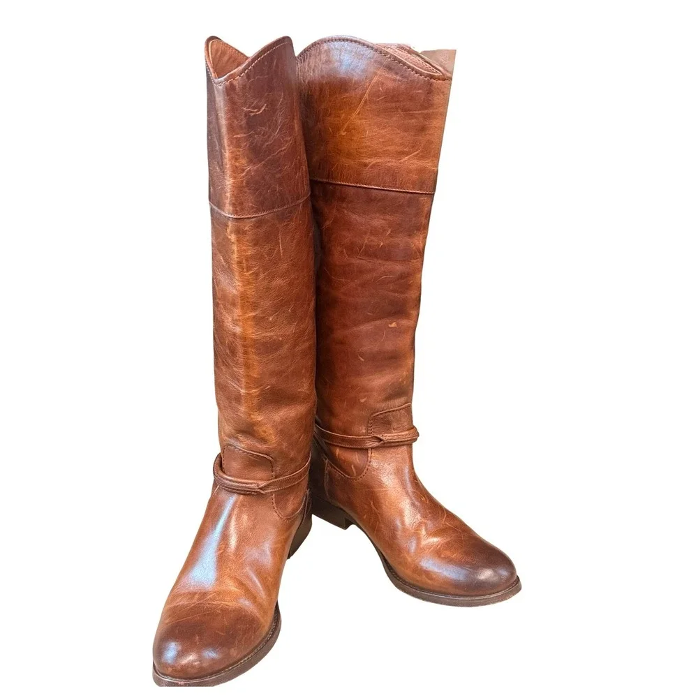 Frye Melissa Seam Harness Tall Riding Boots Brown Leather Women's 8 B USA - Picture 8 of 13